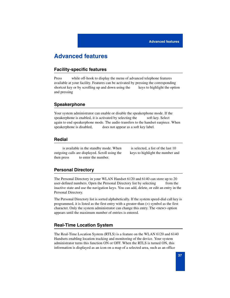 Advanced features, Facility-specific features, Speakerphone | Redial, Personal directory, Real-time location system, Advanced features 37 | Nortel Networks 6140 User Manual | Page 37 / 126