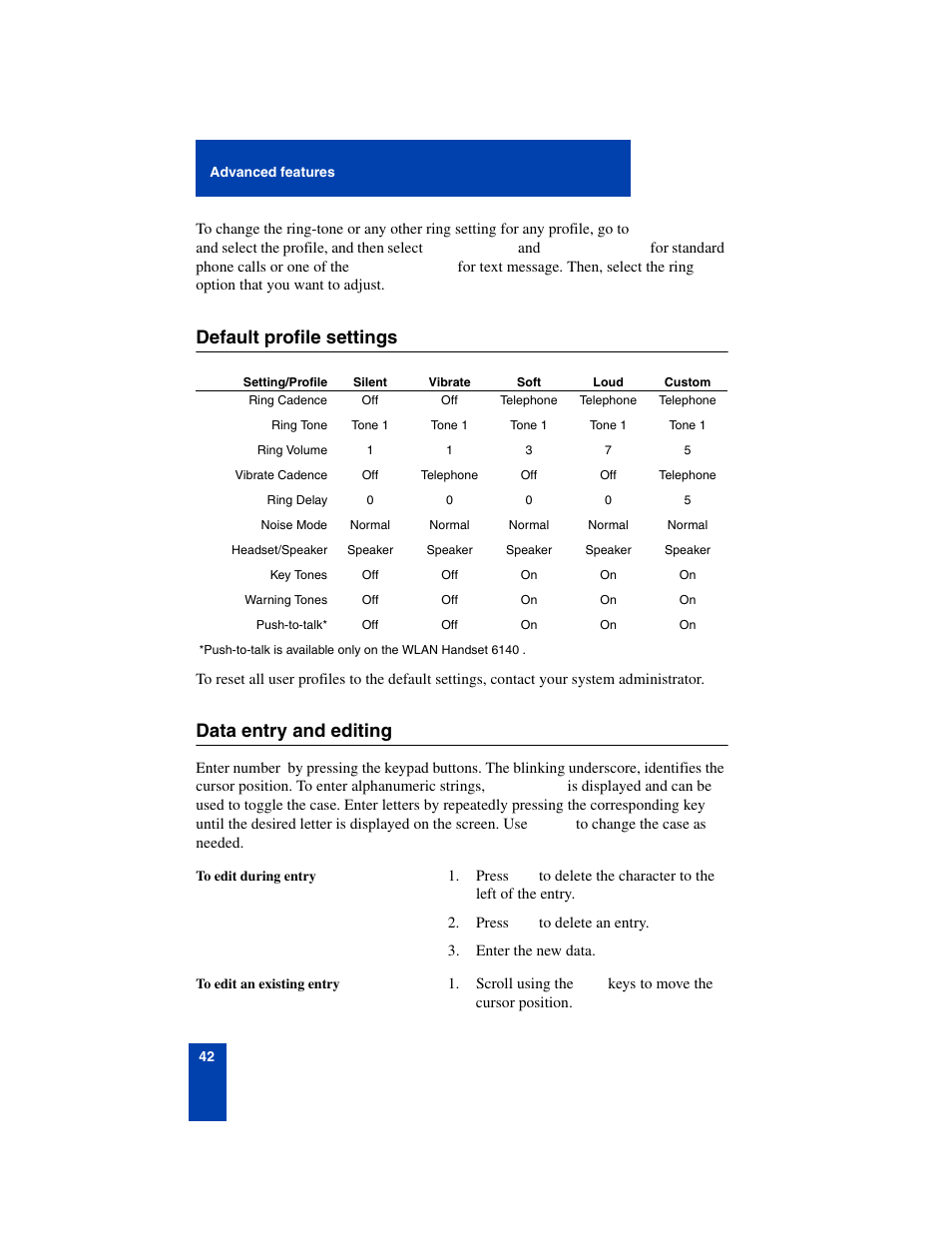 Default profile settings, Data entry and editing | Nortel Networks 6140 User Manual | Page 42 / 126