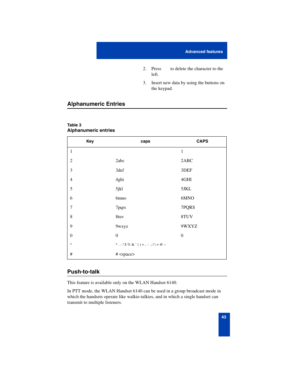 Alphanumeric entries, Push-to-talk, Alphanumeric entries 43 push-to-talk 43 | Nortel Networks 6140 User Manual | Page 43 / 126