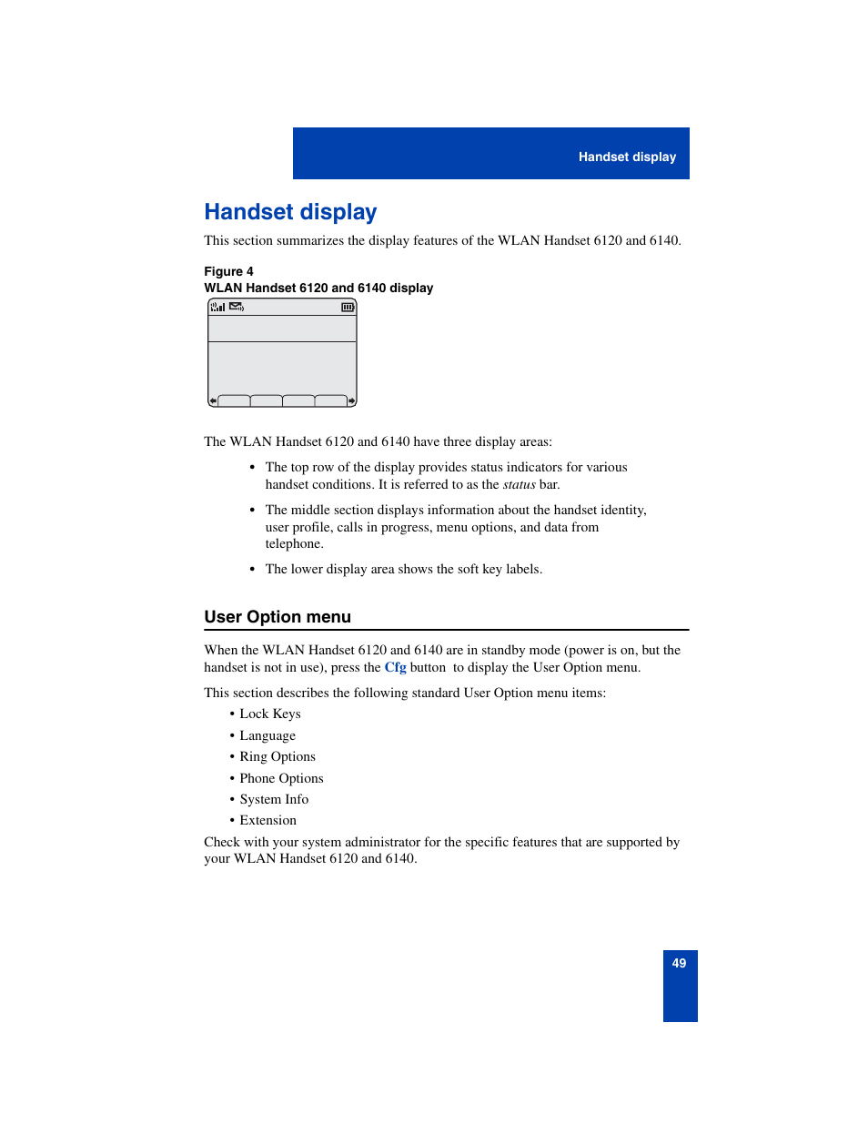 Handset display, User option menu, Handset display 49 | User option menu 49 | Nortel Networks 6140 User Manual | Page 49 / 126