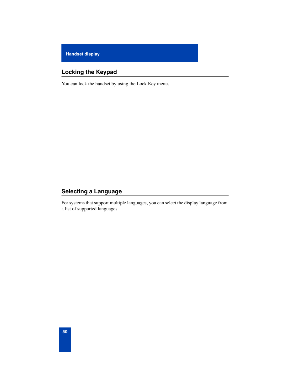 Locking the keypad, Selecting a language, Locking the keypad 50 selecting a language 50 | Nortel Networks 6140 User Manual | Page 50 / 126