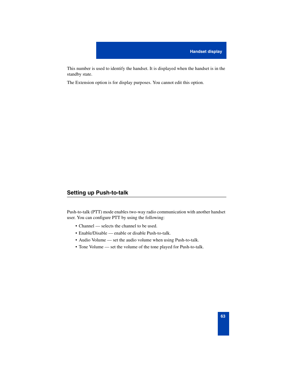 Setting up push-to-talk, Setting up push-to-talk 63 | Nortel Networks 6140 User Manual | Page 63 / 126