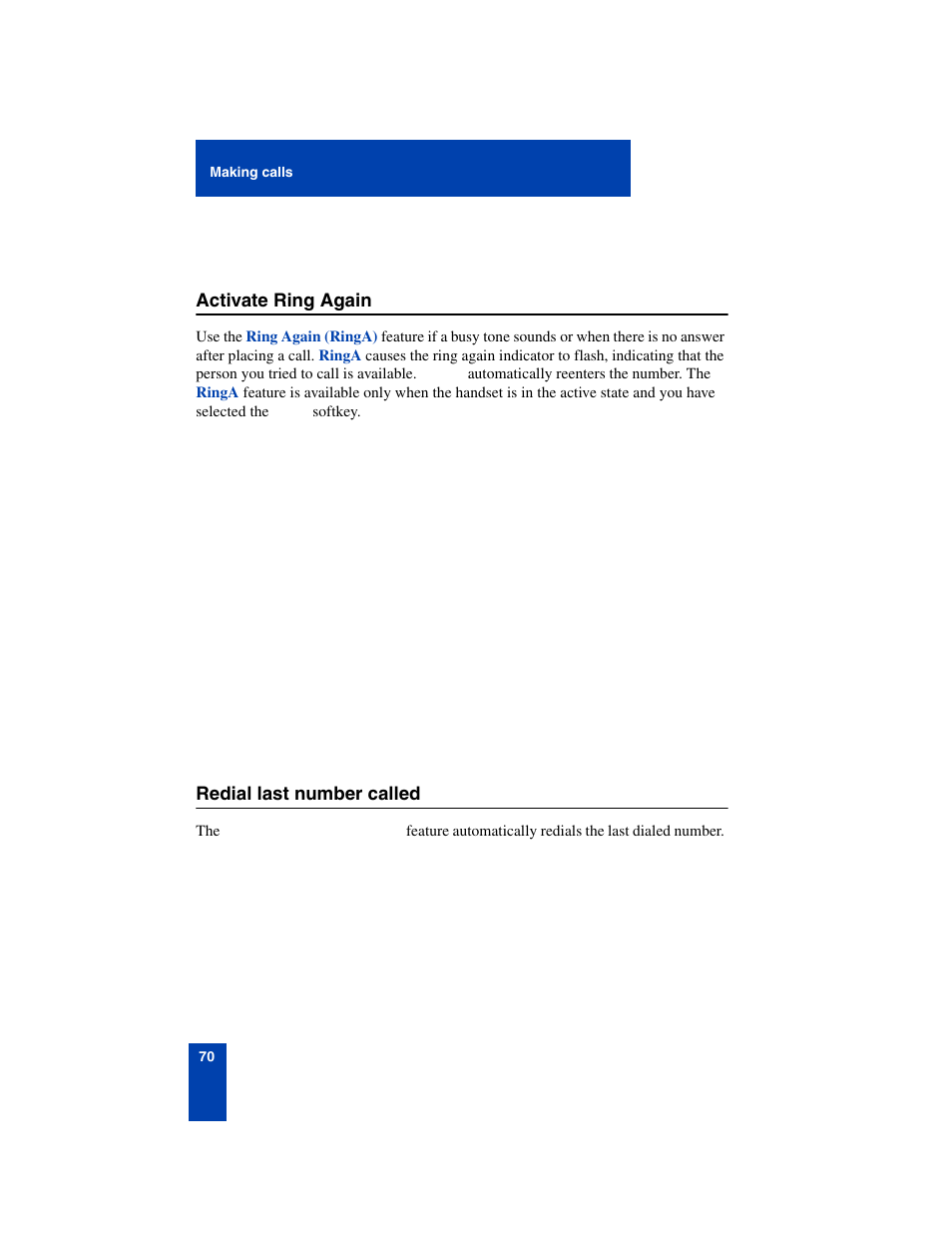 Activate ring again, Redial last number called | Nortel Networks 6140 User Manual | Page 70 / 126