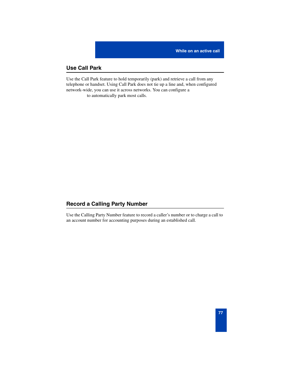 Use call park, Record a calling party number, Use call park 77 record a calling party number 77 | Nortel Networks 6140 User Manual | Page 77 / 126