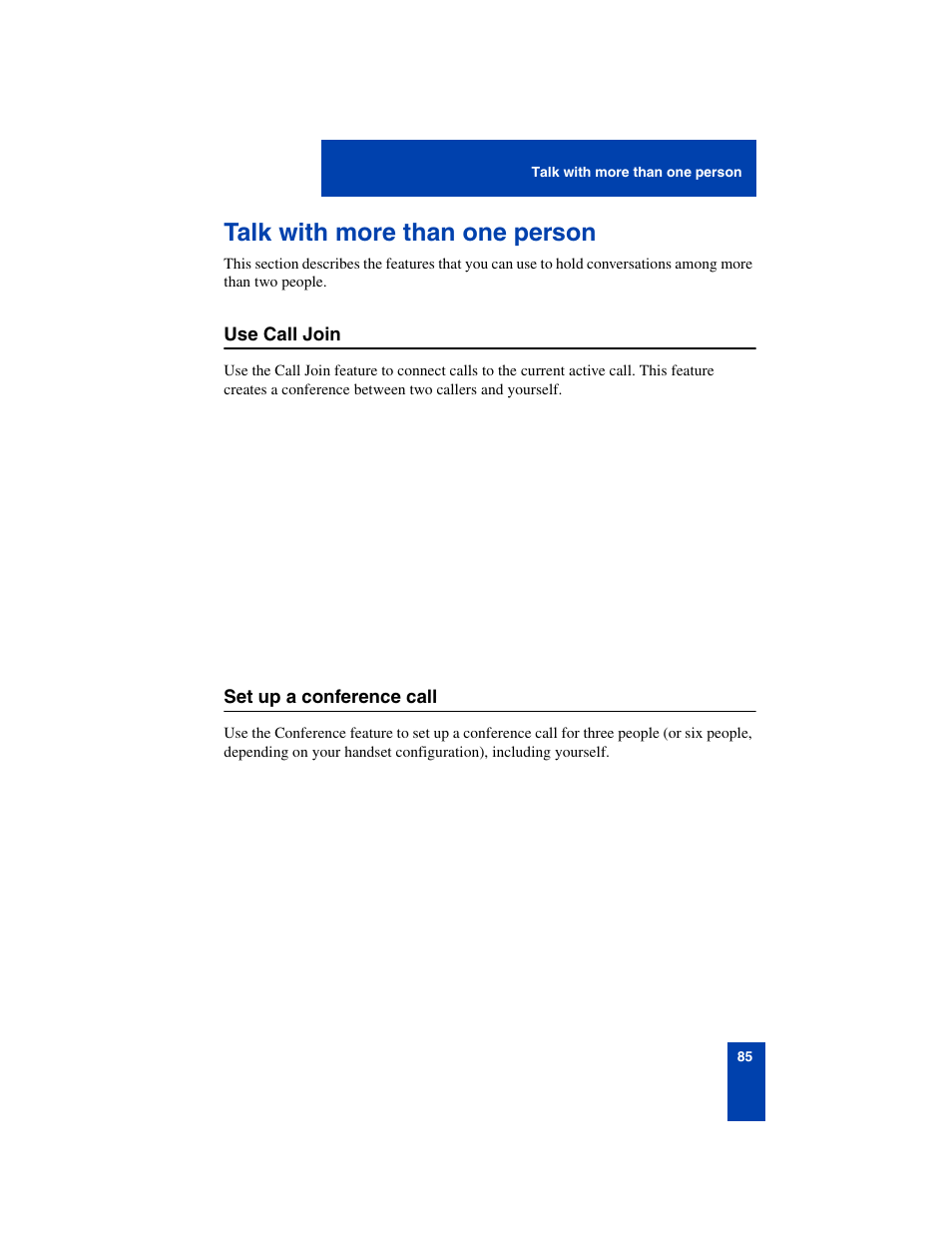 Talk with more than one person, Use call join, Set up a conference call | Talk with more than one person 85, Use call join 85 set up a conference call 85 | Nortel Networks 6140 User Manual | Page 85 / 126