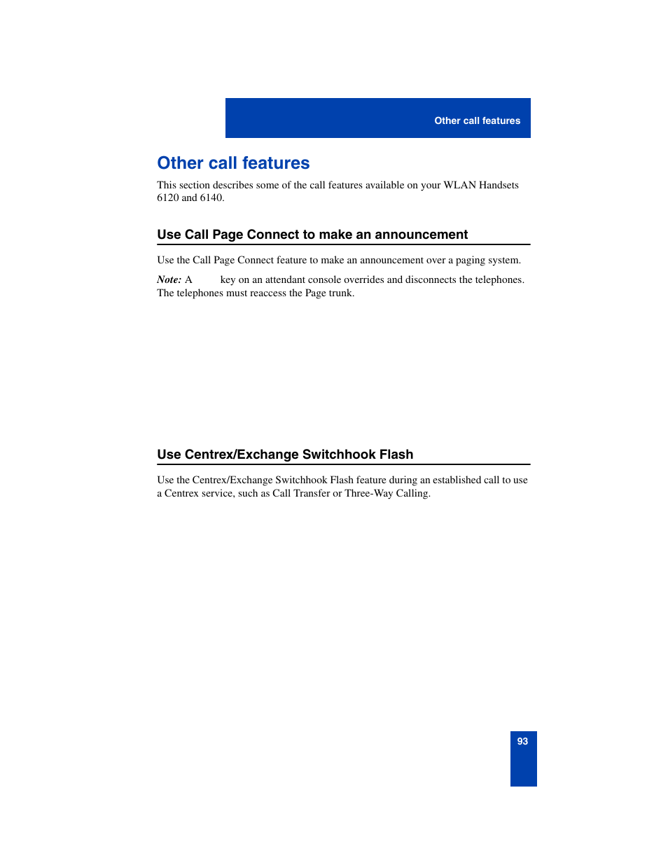 Other call features, Use centrex/exchange switchhook flash, Other call features 93 | Nortel Networks 6140 User Manual | Page 93 / 126