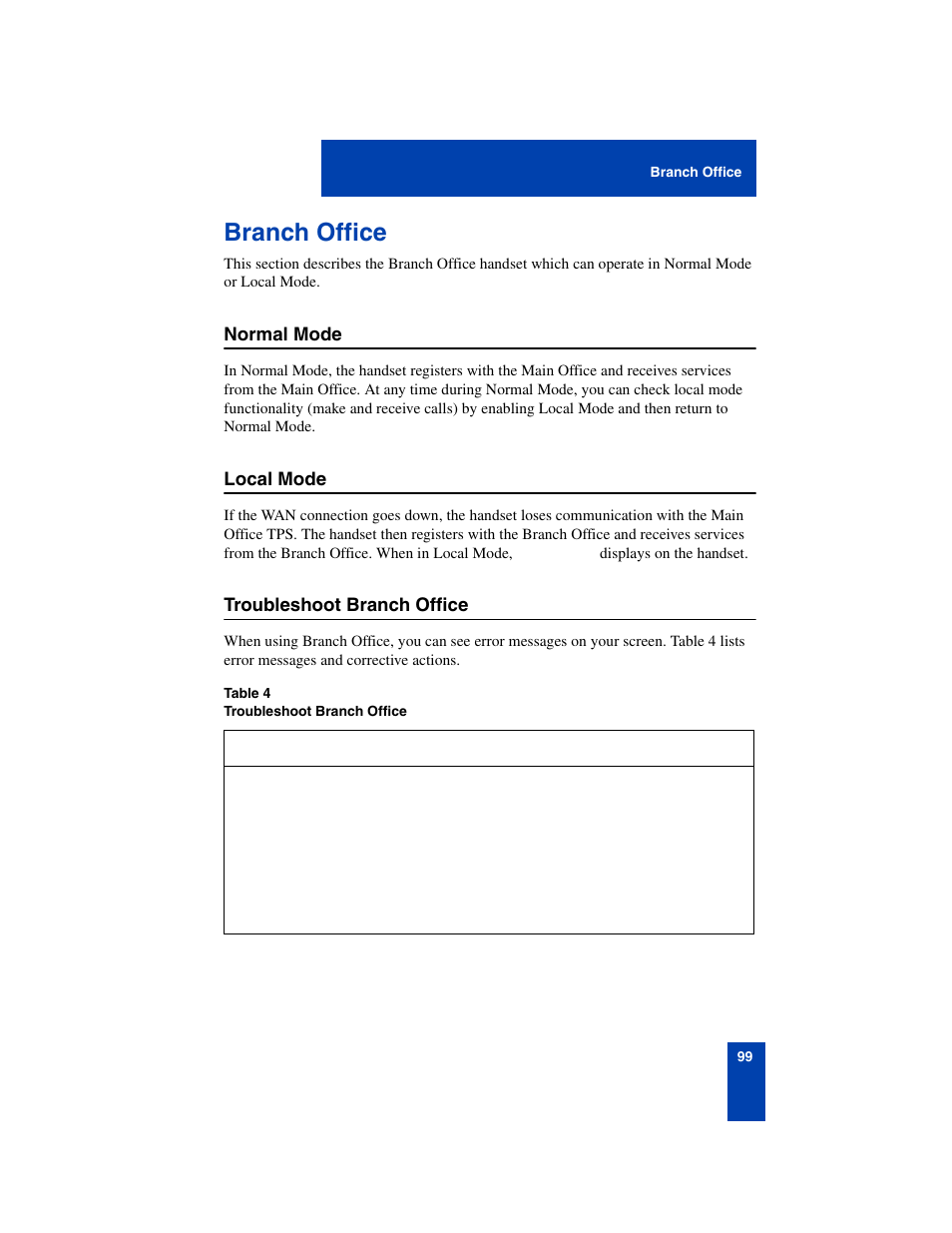 Branch office, Normal mode, Local mode | Troubleshoot branch office, Branch office 99 | Nortel Networks 6140 User Manual | Page 99 / 126