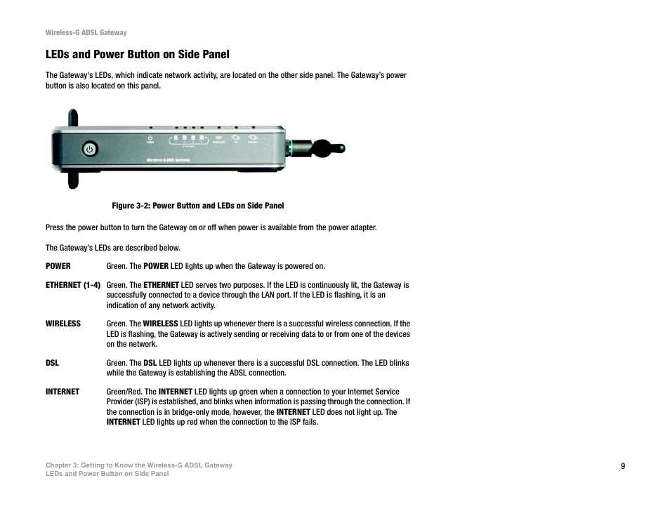 Leds and power button on side panel | Nortel Networks WAG54G User Manual | Page 16 / 100