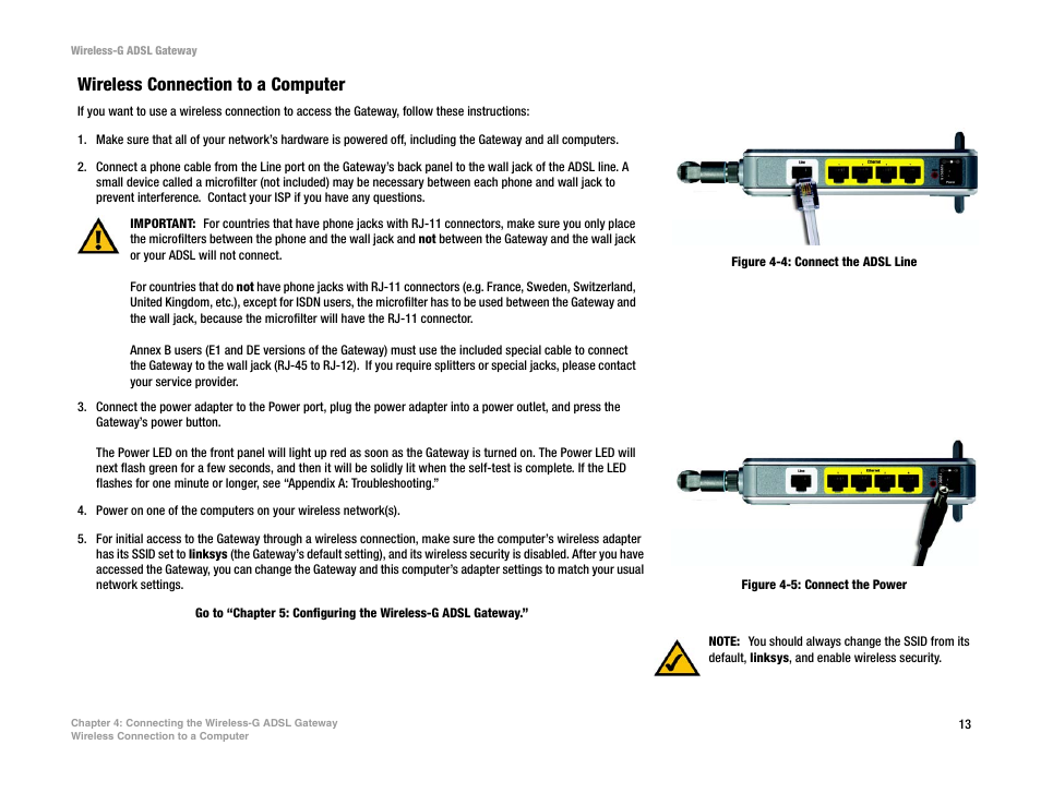 Figure 4-4: connect the adsl line, Figure 4-5: connect the power, Wireless connection to a computer | Nortel Networks WAG54G User Manual | Page 20 / 100