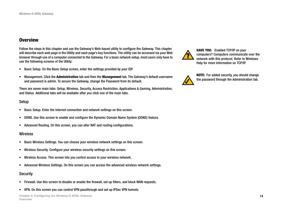Chapter 5: configuring the wireless-g adsl gateway, Overview | Nortel Networks WAG54G User Manual | Page 21 / 100