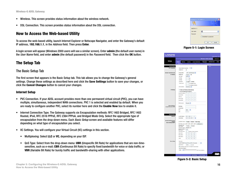 Figure 5-1: login screen, Figure 5-2: basic setup, How to access the web-based utility | The setup tab | Nortel Networks WAG54G User Manual | Page 23 / 100