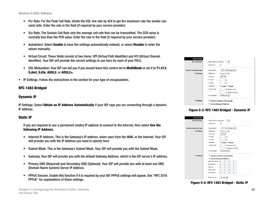 Figure 5-3: rfc 1483 bridged - dynamic ip, Figure 5-4: rfc 1483 bridged - static ip | Nortel Networks WAG54G User Manual | Page 24 / 100