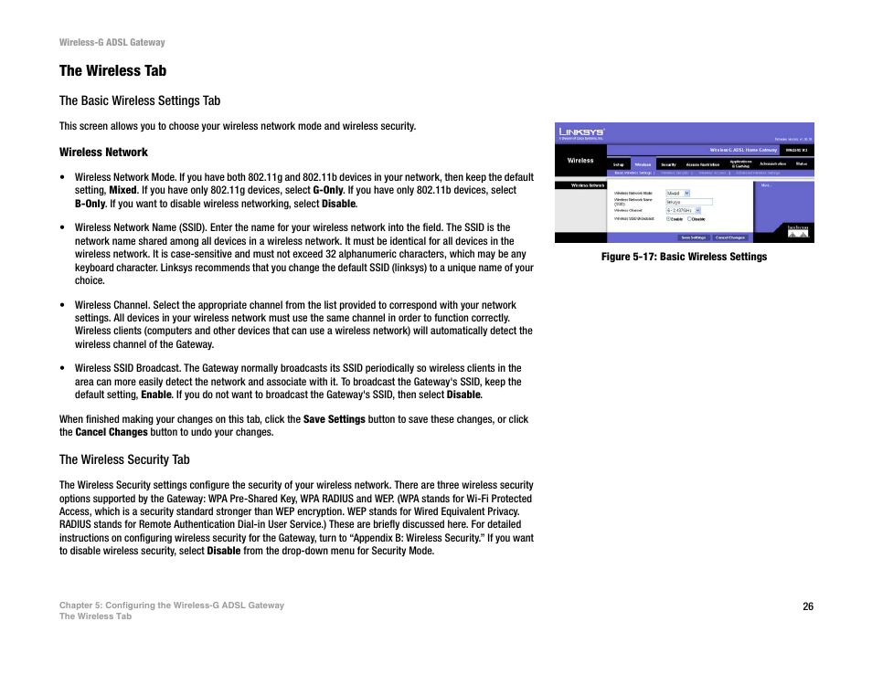 Figure 5-17: basic wireless settings, The wireless tab | Nortel Networks WAG54G User Manual | Page 33 / 100