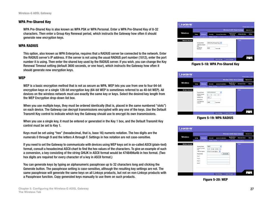 Figure 5-18: wpa pre-shared key, Figure 5-19: wpa radius, Figure 5-20: wep | Nortel Networks WAG54G User Manual | Page 34 / 100