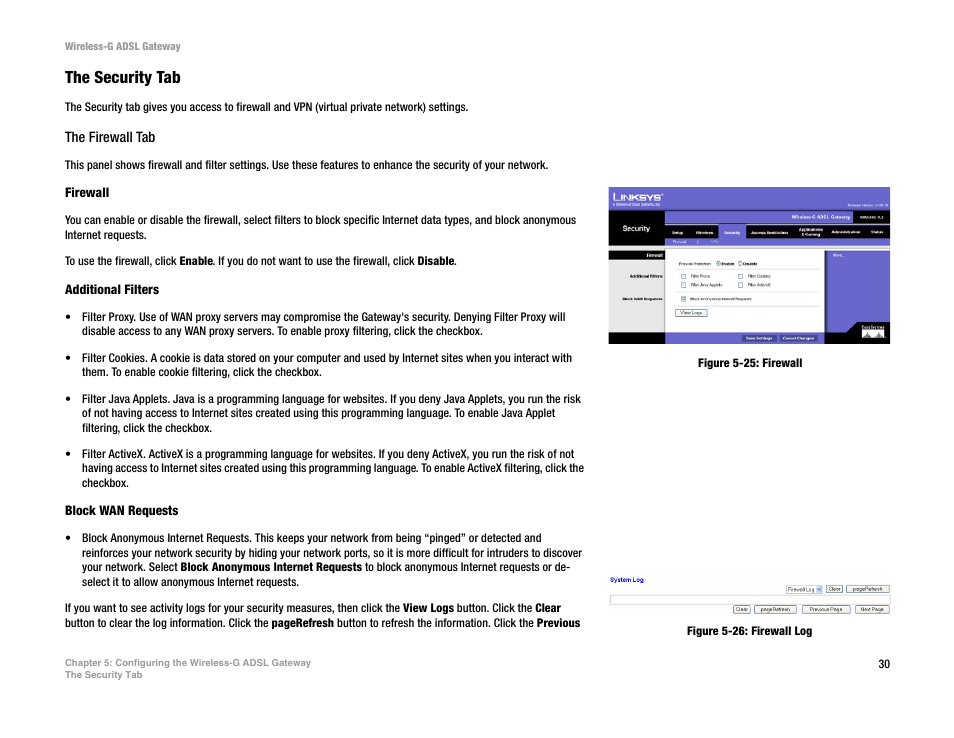 Figure 5-25: firewall, Figure 5-26: firewall log, The security tab | Nortel Networks WAG54G User Manual | Page 37 / 100
