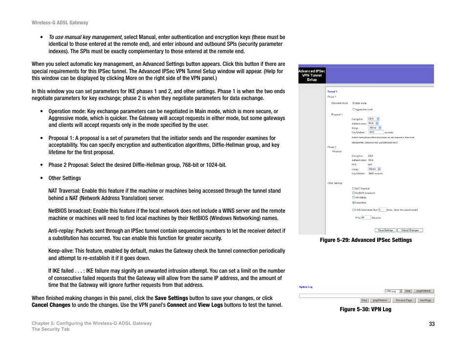 Figure 5-29: advanced ipsec settings, Figure 5-30: vpn log | Nortel Networks WAG54G User Manual | Page 40 / 100