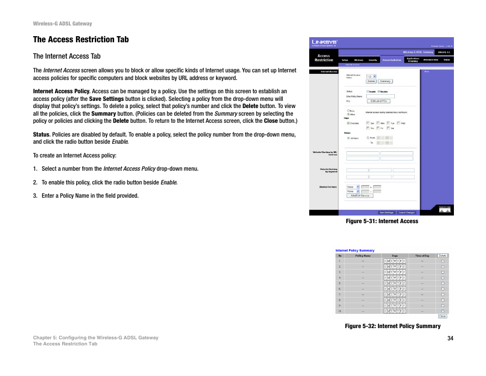 Figure 5-31: internet access, Figure 5-32: internet policy summary, The access restriction tab | Nortel Networks WAG54G User Manual | Page 41 / 100