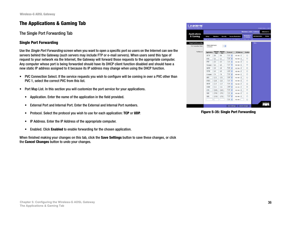 Figure 5-35: single port forwarding, The applications & gaming tab | Nortel Networks WAG54G User Manual | Page 43 / 100