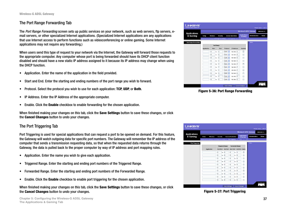 Figure 5-36: port range forwarding, Figure 5-37: port triggering | Nortel Networks WAG54G User Manual | Page 44 / 100