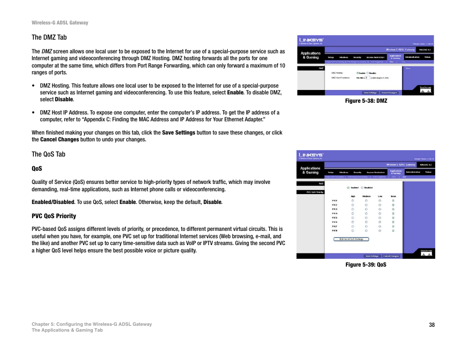 Figure 5-38: dmz, Figure 5-39: qos | Nortel Networks WAG54G User Manual | Page 45 / 100