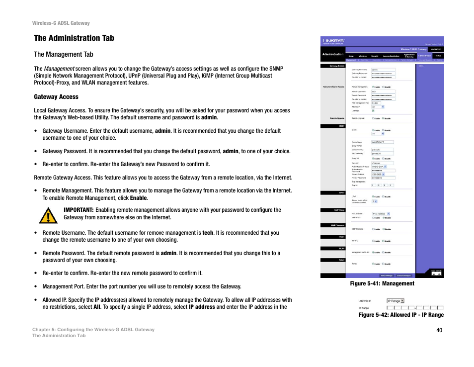 Figure 5-41: management, Figure 5-42: allowed ip - ip range, The administration tab | Nortel Networks WAG54G User Manual | Page 47 / 100