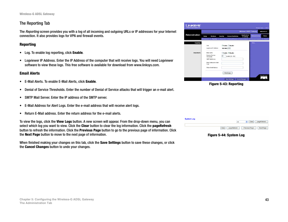 Figure 5-43: reporting, Figure 5-44: system log | Nortel Networks WAG54G User Manual | Page 50 / 100