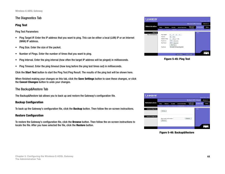 Figure 5-45: ping test, Figure 5-46: backup&restore | Nortel Networks WAG54G User Manual | Page 51 / 100