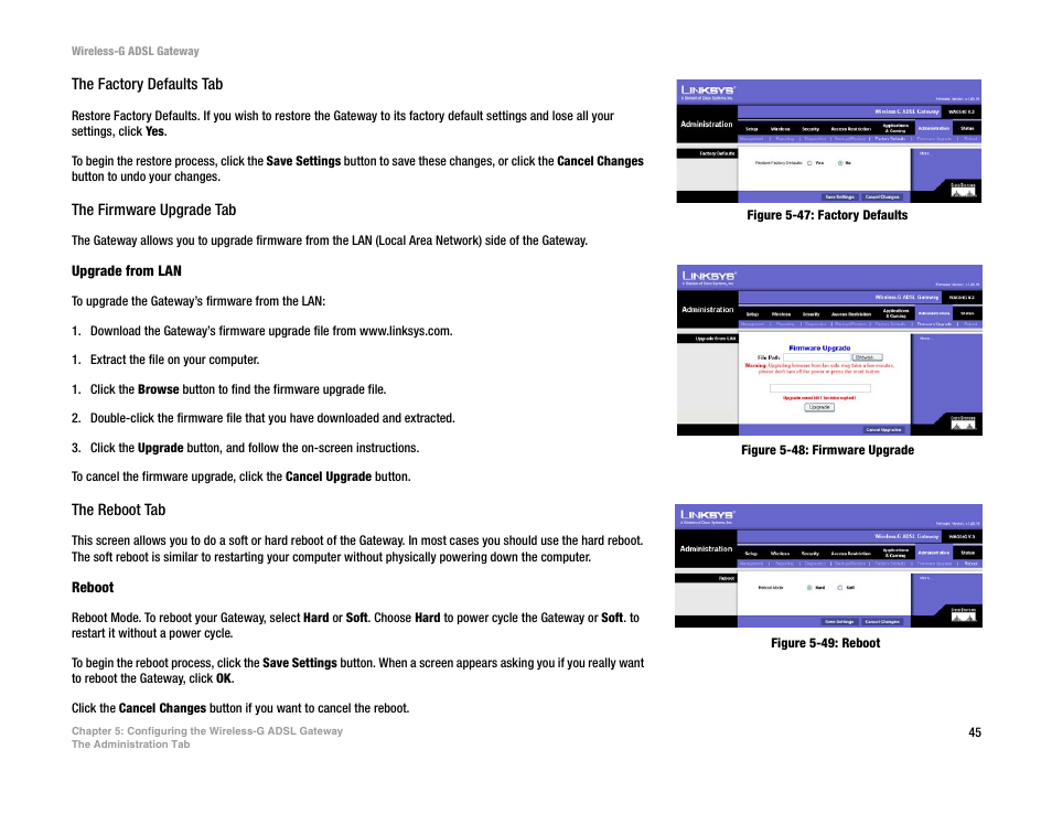 Figure 5-47: factory defaults, Figure 5-48: firmware upgrade, Figure 5-49: reboot | Nortel Networks WAG54G User Manual | Page 52 / 100