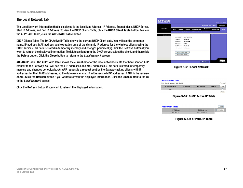 Figure 5-51: local network, Figure 5-52: dhcp active ip table, Figure 5-53: arp/rarp table | Nortel Networks WAG54G User Manual | Page 54 / 100