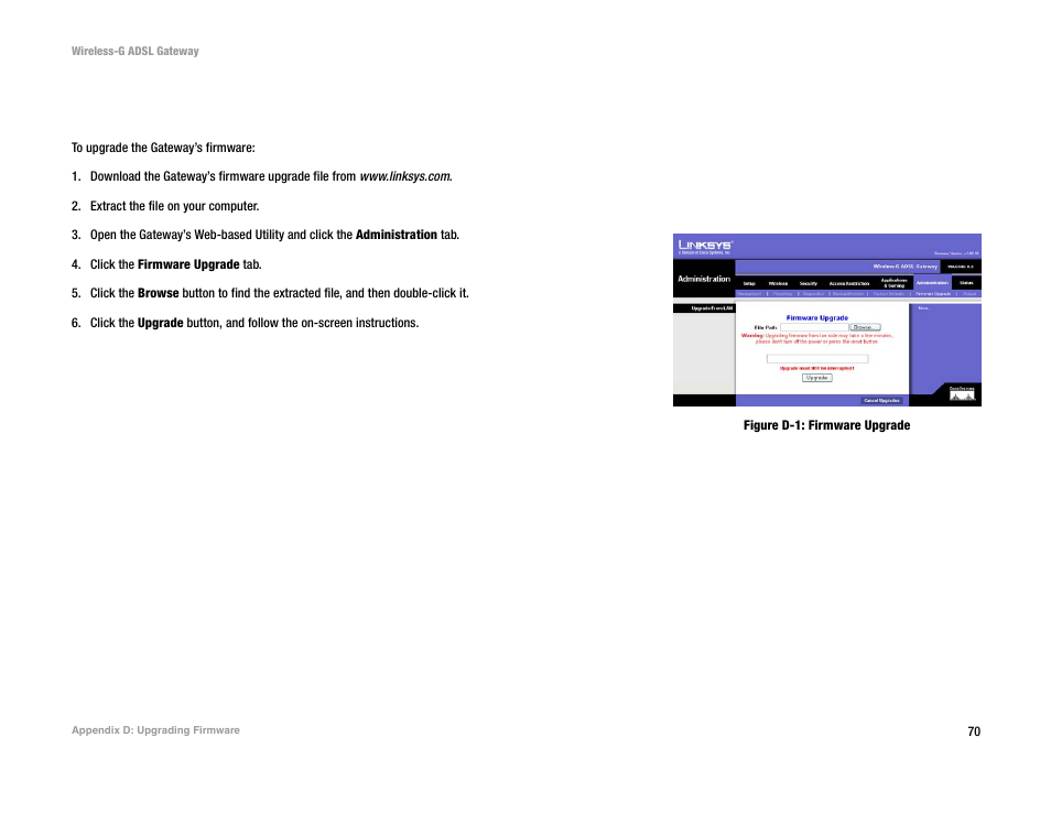 Appendix d: upgrading firmware, Figure d-1: firmware upgrade | Nortel Networks WAG54G User Manual | Page 77 / 100