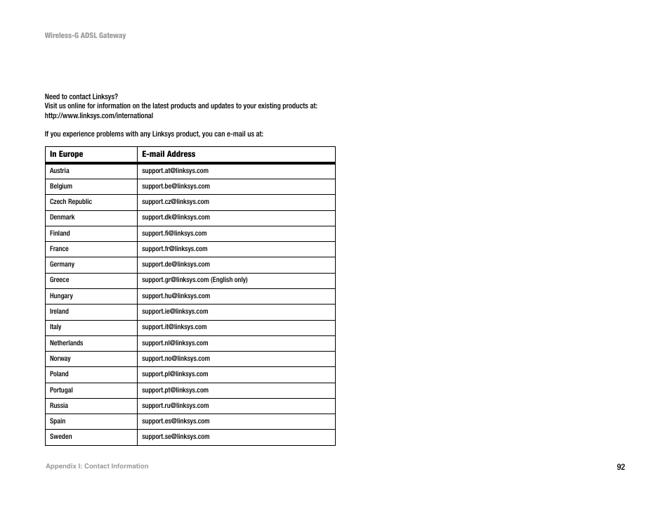 Appendix i: contact information | Nortel Networks WAG54G User Manual | Page 99 / 100