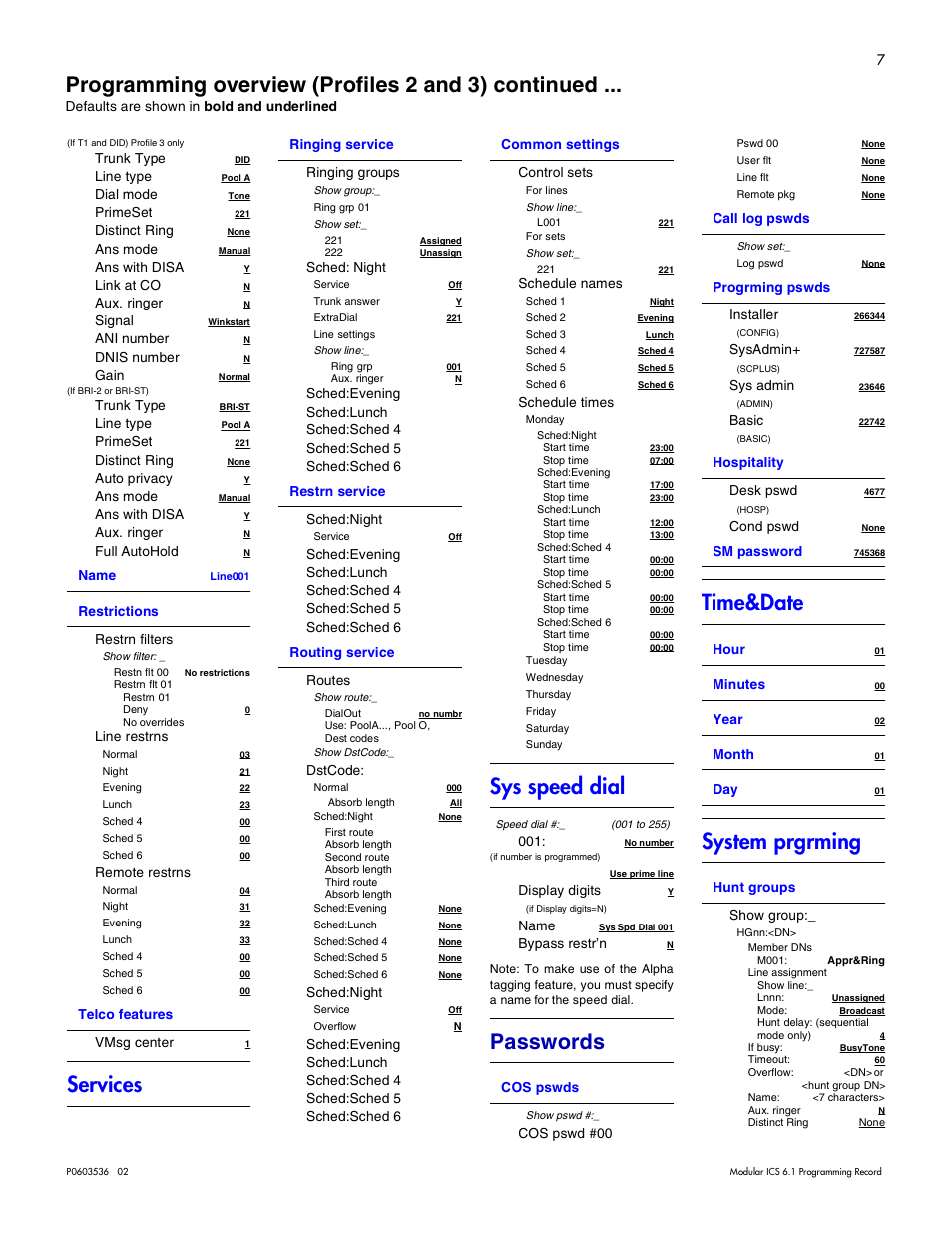 Services, Sys speed dial, Passwords | Time&date, System prgrming, Programming overview (profiles 2 and 3) continued | Nortel Networks ICS 6.1 User Manual | Page 15 / 116