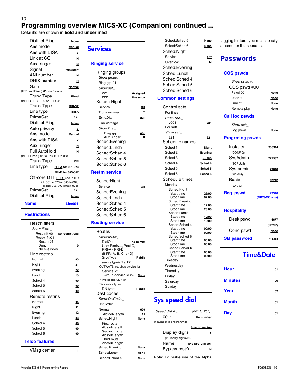 Services, Sys speed dial, Passwords | Time&date, Programming overview mics-xc (companion) continued | Nortel Networks ICS 6.1 User Manual | Page 18 / 116