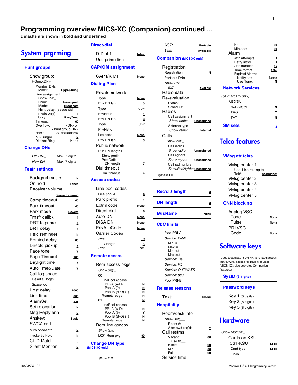 System prgrming, Telco features, Software keys | Hardware, Programming overview mics-xc (companion) continued | Nortel Networks ICS 6.1 User Manual | Page 19 / 116