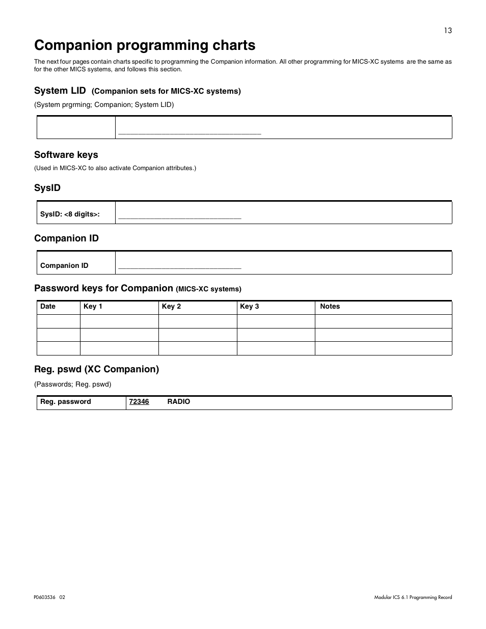 Companion programming charts, System lid (companion sets for mics-xc systems), Software keys | Sysid, Companion id, Password keys for companion (mics-xc systems), Reg. pswd (xc companion), Companion programming charts 13 | Nortel Networks ICS 6.1 User Manual | Page 21 / 116