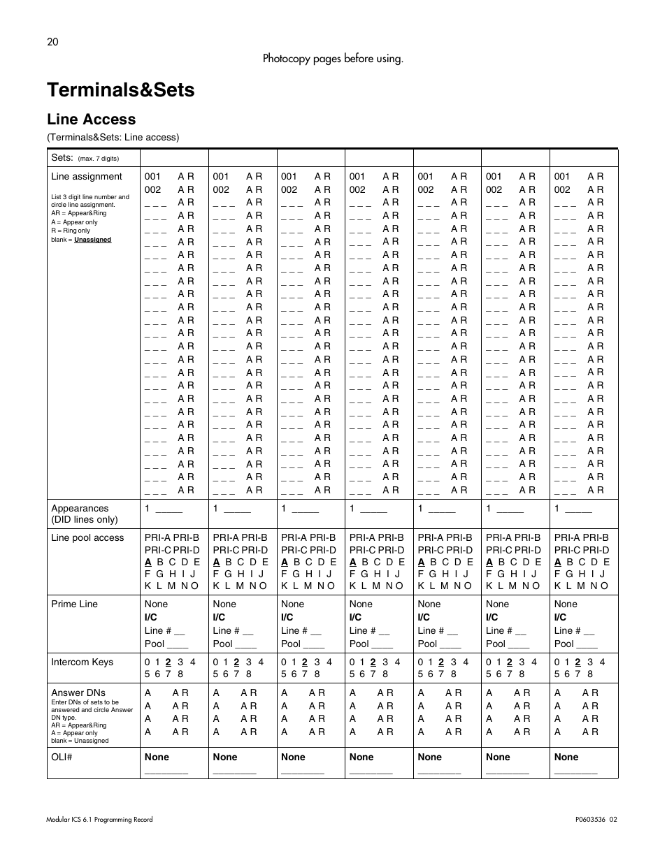 Terminals&sets, Line access, Terminals&sets 20 | Line access 20 | Nortel Networks ICS 6.1 User Manual | Page 28 / 116
