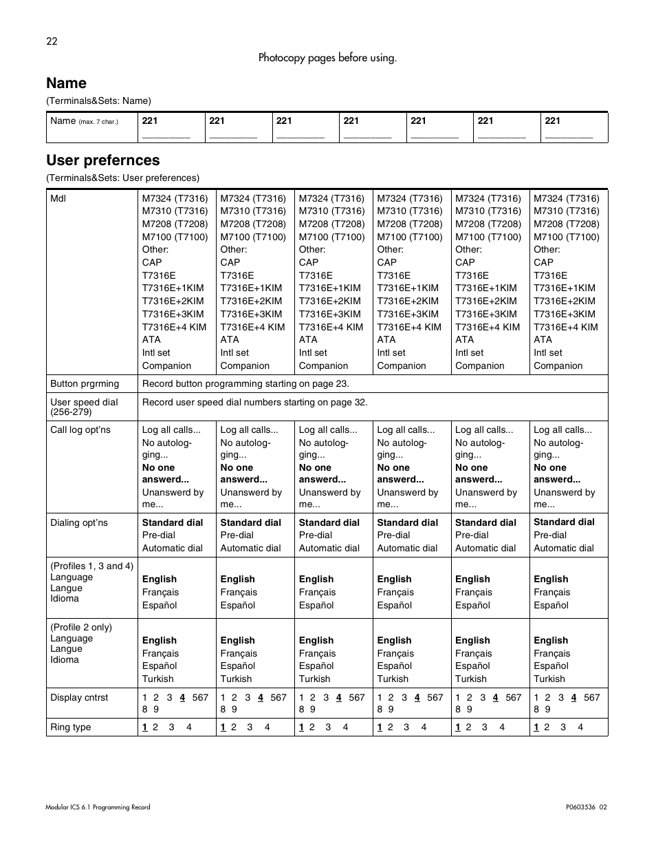 Name, User prefernces, Name 22 | User prefernces 22 | Nortel Networks ICS 6.1 User Manual | Page 30 / 116