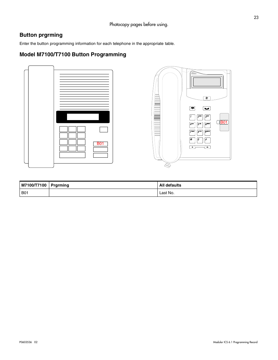 Button prgrming, Button prgrming 23, Model m7100/t7100 button programming 23 | Nortel Networks ICS 6.1 User Manual | Page 31 / 116