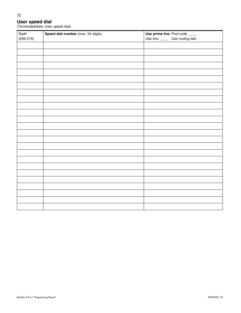 User speed dial, User speed dial 32 | Nortel Networks ICS 6.1 User Manual | Page 40 / 116