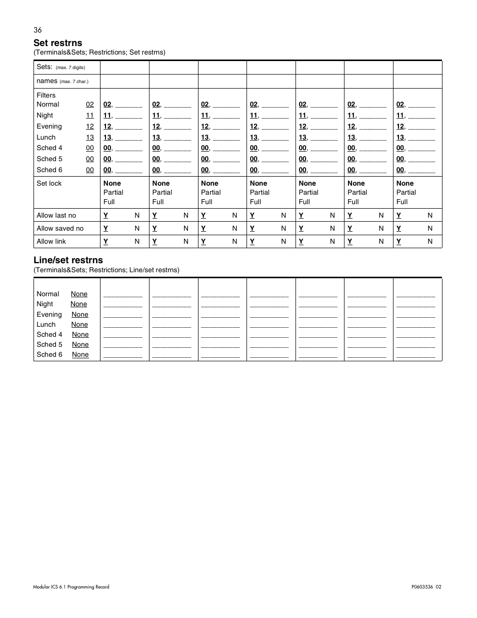 Set restrns, Line/set restrns, Set restrns 36 line/set restrns 36 | Nortel Networks ICS 6.1 User Manual | Page 44 / 116