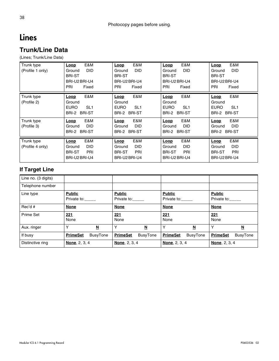 Lines, Trunk/line data, If target line | Lines 38, Trunk/line data 38, If target line 38 | Nortel Networks ICS 6.1 User Manual | Page 46 / 116