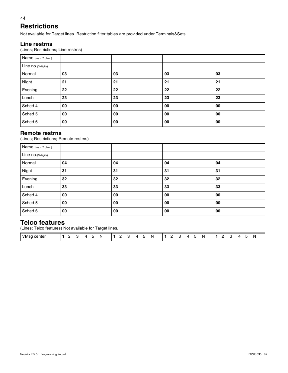 Restrictions, Line restrns, Remote restrns | Telco features, Restrictions 44, Line restrns 44 remote restrns 44, Telco features 44 | Nortel Networks ICS 6.1 User Manual | Page 52 / 116