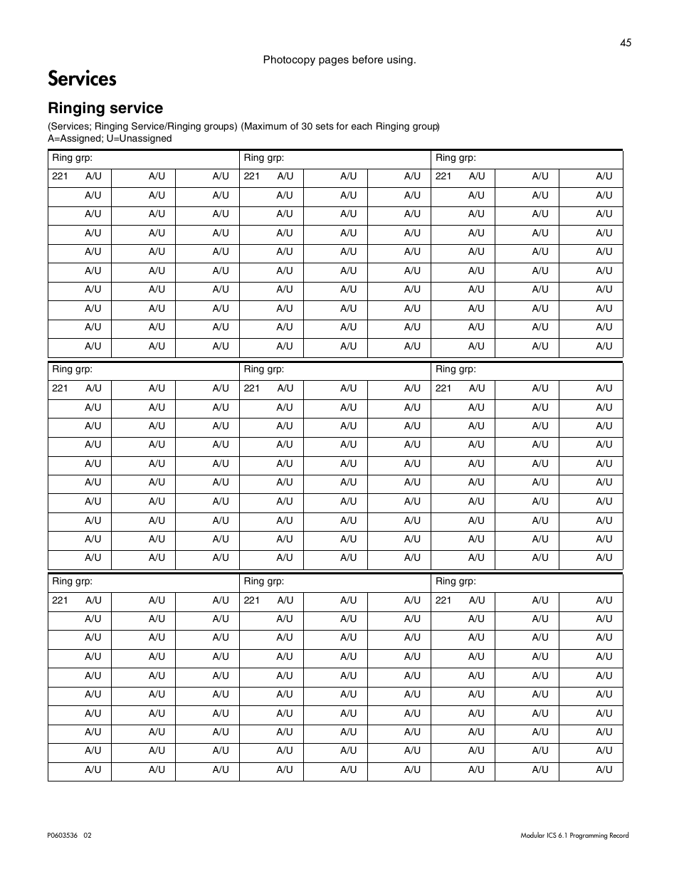 Services, Ringing service, Services 45 | Ringing service 45 | Nortel Networks ICS 6.1 User Manual | Page 53 / 116