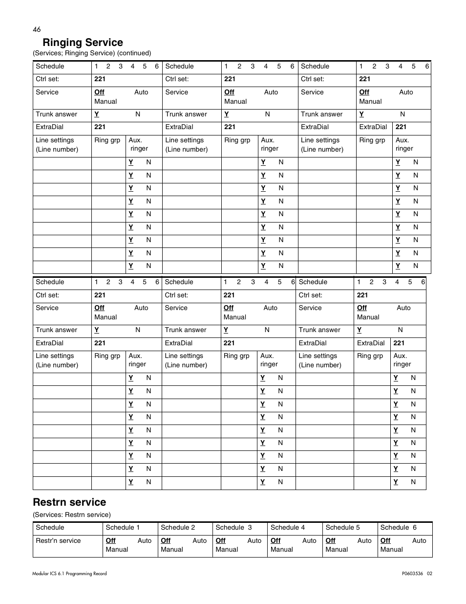 Restrn service, Restrn service 46, Ringing service | Nortel Networks ICS 6.1 User Manual | Page 54 / 116