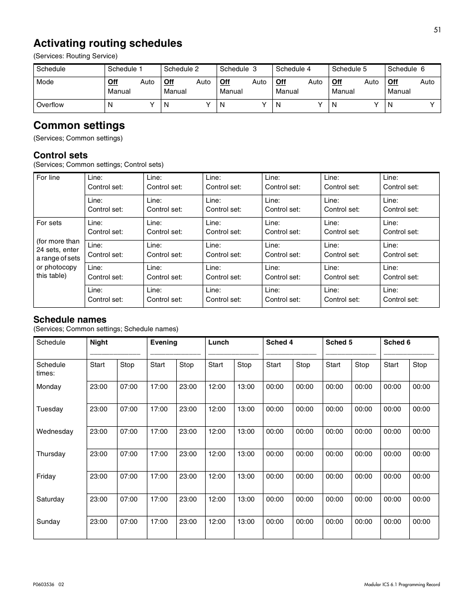 Activating routing schedules, Common settings, Control sets | Schedule names, Activating routing schedules 51, Common settings 51, Control sets 51 schedule names 51 | Nortel Networks ICS 6.1 User Manual | Page 59 / 116