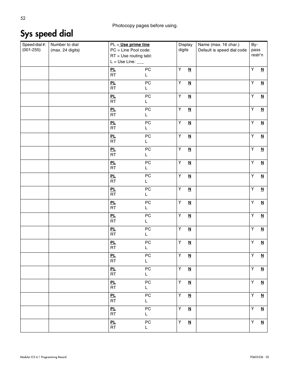 Sys speed dial, Sys speed dial 52 | Nortel Networks ICS 6.1 User Manual | Page 60 / 116