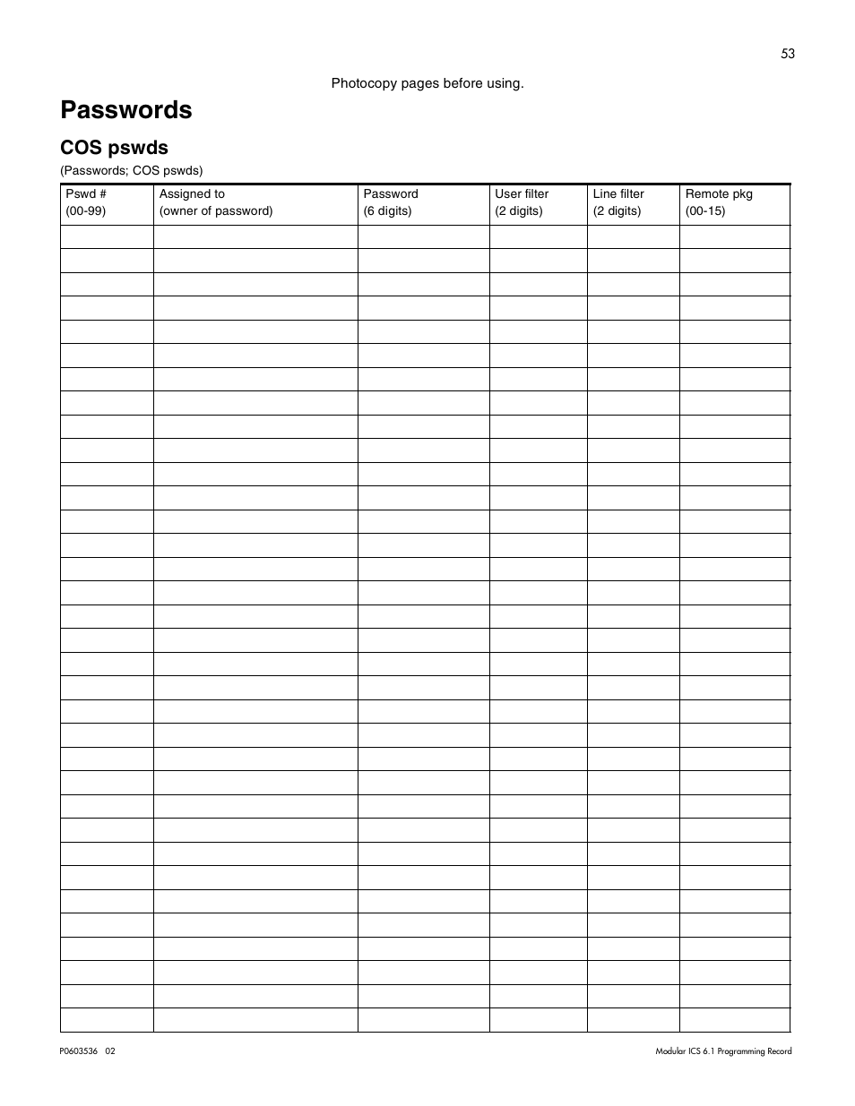 Passwords, Cos pswds, Passwords 53 | Cos pswds 53 | Nortel Networks ICS 6.1 User Manual | Page 61 / 116