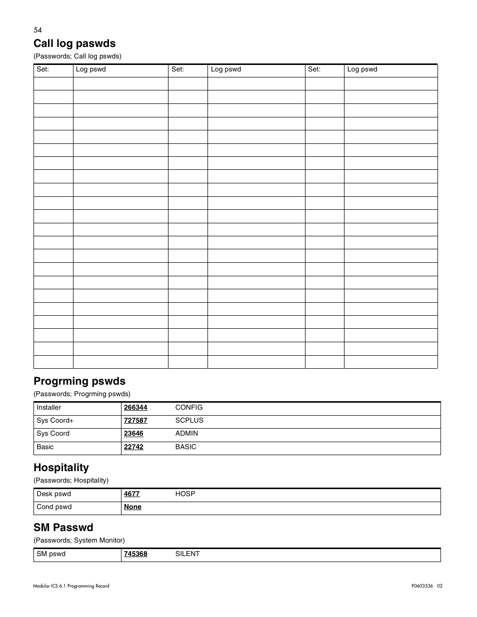 Call log paswds, Progrming pswds, Hospitality | Sm passwd, Call log paswds 54, Progrming pswds 54, Hospitality 54, Sm passwd 54 | Nortel Networks ICS 6.1 User Manual | Page 62 / 116