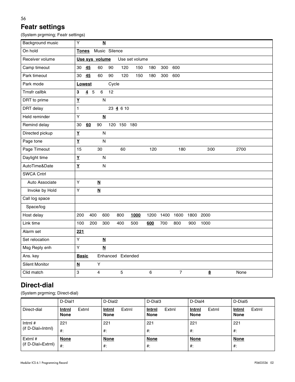 Featr settings, Direct-dial, Featr settings 56 | Direct-dial 56 | Nortel Networks ICS 6.1 User Manual | Page 64 / 116