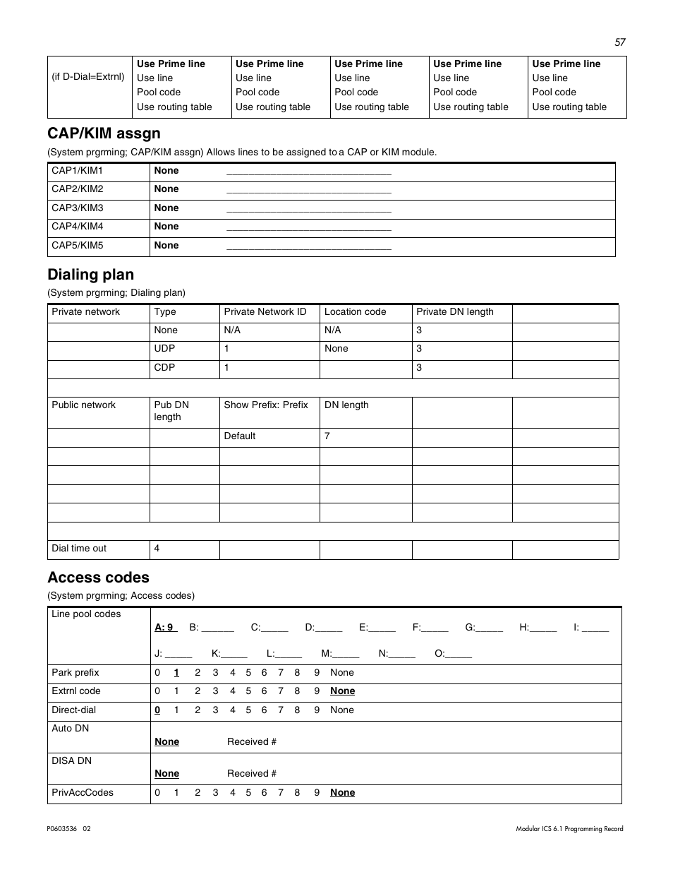 Cap/kim assgn, Dialing plan, Access codes | Cap/kim assgn 57, Dialing plan 57, Access codes 57, Trunkmod 69 | Nortel Networks ICS 6.1 User Manual | Page 65 / 116